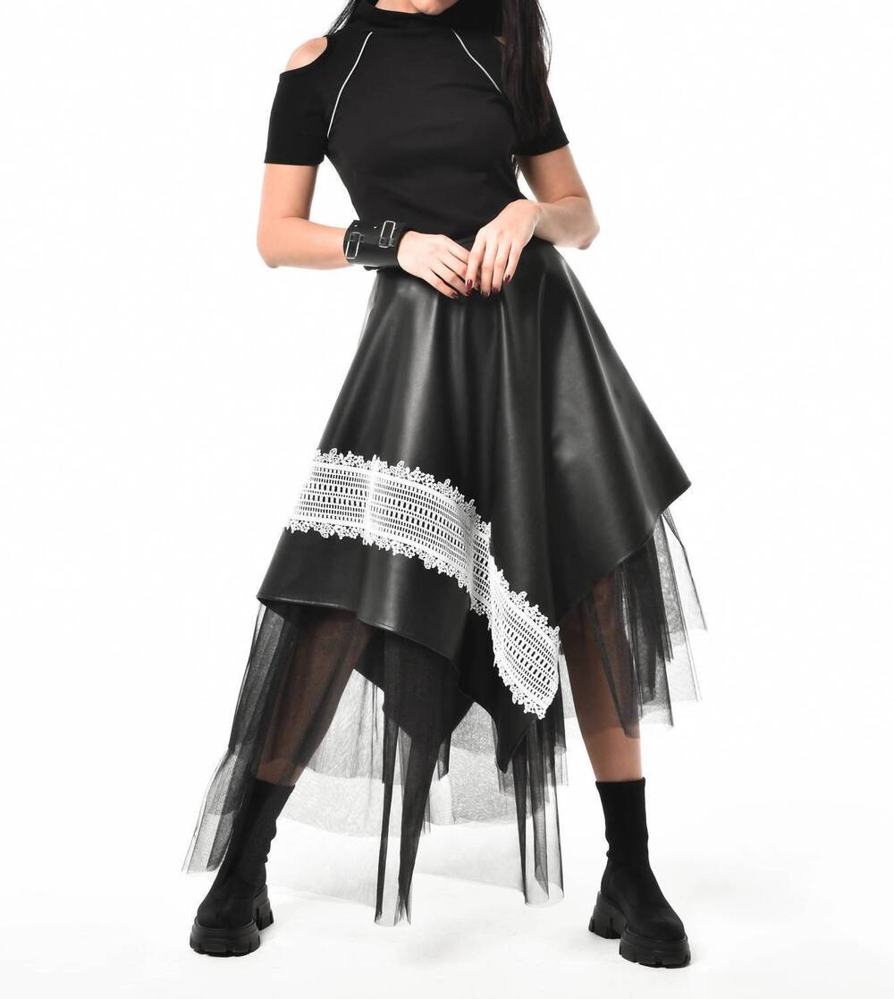 NEW METAMORPHOZA avant-garde laced vegan leather skirt in black